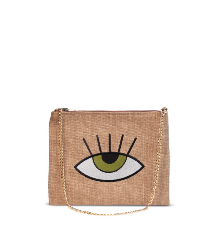 Handmade Cross Bag. Basic Color, Green eye Design. Gold Chain