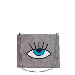 Grey Cross Bag, Front Design, Blue Eye & Silver Chain