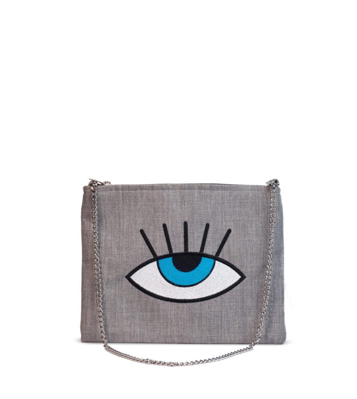 Grey Cross Bag, Front Design, Blue Eye & Silver Chain