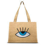 Beige Tote Blue Eye Handmade Kitten Linen Fabric