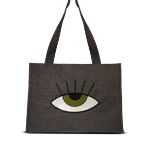 Black Tote Green Eye Handmade Kitten Linen Fabric Complete with an inside pocket for added convenience