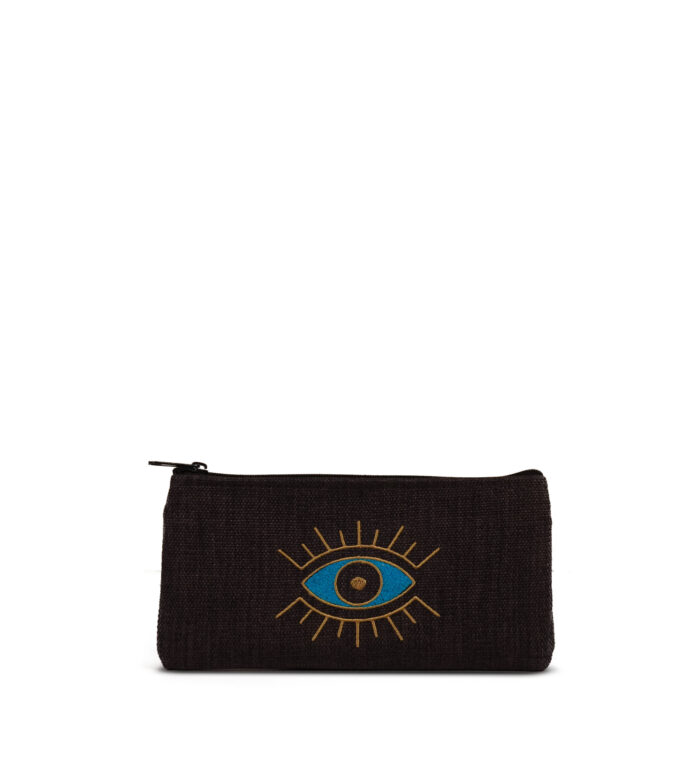 Manari Black Wallet, Blue & Gold Eye Design Handmade